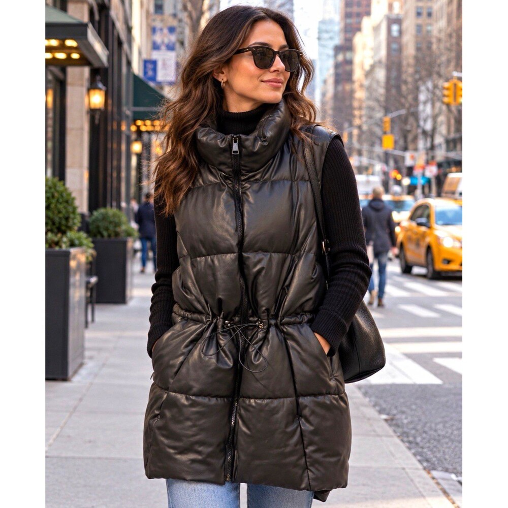 Women’s Black Long Faux Leather Quilted Puffer Vest Zip Front Collared L